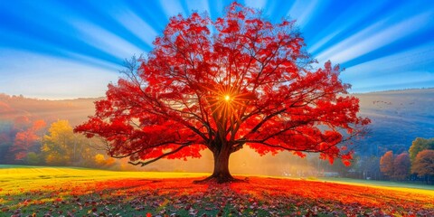A stunning red tree stands majestically in a bright, sunlit field with rays of sunlight streaming through its vibrant autumn leaves.