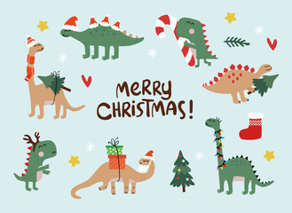 Christmas dinosaurs collection. Adorable Dinos in Christmas costumes and Christmas tree elements.	
