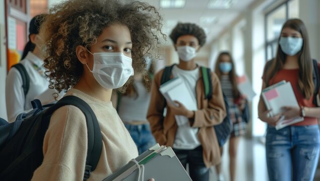 Group of school children students wearing face masks, carrying books and backpacks protective face mask as she stands amidst her peers in the bustling school hallway