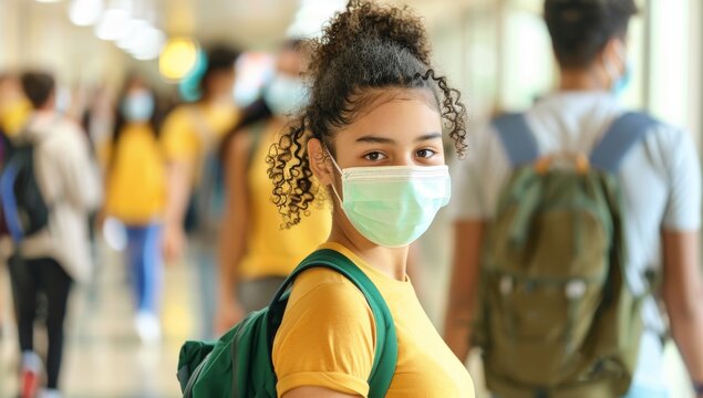 Group of school children students wearing face masks, carrying books and backpacks protective face mask as she stands amidst her peers in the bustling school hallway