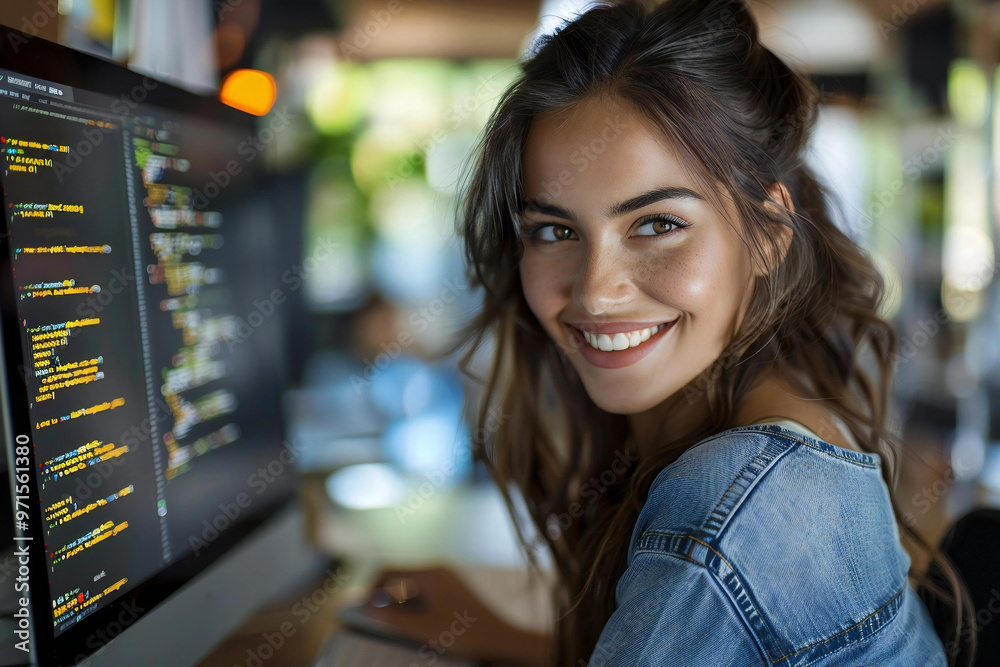 Poster close-up shot of a smiling coder girl working on her computer screen in a modern office setting.