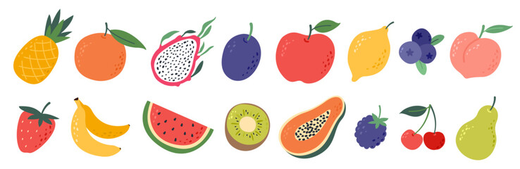 Fruits and berries. Pear, papaya, blueberry, pitaya, tangerine, cherry, peach, lemon, kiwi, plum, watermelon, banana, pineapple, strawberry, apple. Natural tropical fruits, organic vitamins nutrition