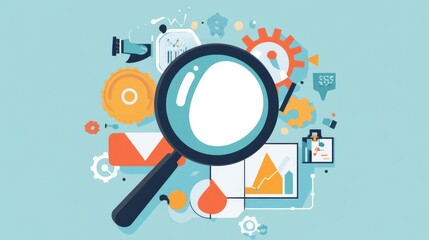 Colorful illustration of a magnifying glass hovering over business and technology icons on a light blue background.