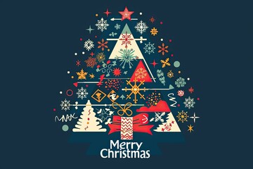 A stylish Christmas tree , decorated with modern holiday icons , with a "Merry Christmas" message