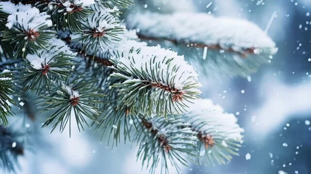 Snow falling on pine branches creates a magical winter scene with cool colors. Serene nature in december captured with frost covered branches