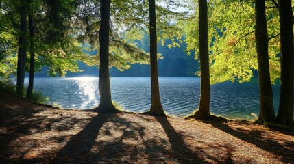 Sunlit Lake Through a Canopy of Trees