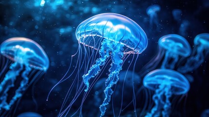 A group of jellyfish are swimming in the ocean