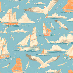 seamless pattern with ships and seagulls