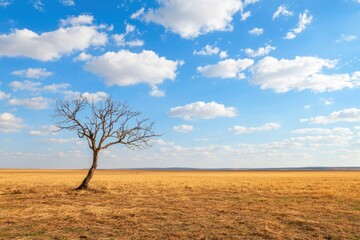 Fototapeta premium An old, withered tree standing alone in a vast empty field, endurance, loneliness over time
