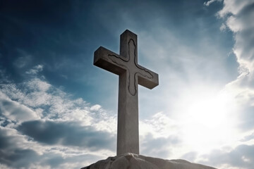 generated illustration of Christian cross appears in the sky background.