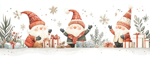 Woodland Christmas Gnome: Vintage Storybook Illustration with Knitted Hat and Playful Winter Scene
