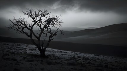 Fototapeta premium A alone tree a mysterious and minimalist landscape.
