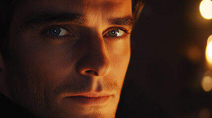 Fototapeta premium Close-Up Portrait of a Man with Intense Blue Eyes in Warm Lighting