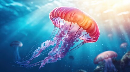Fototapeta premium A large jellyfish with long tentacles is floating in the water