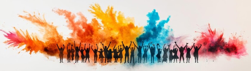 Vibrant group celebrating with colored powder in the air, symbolizing joy, unity, and festivity in an energetic dance celebration.
