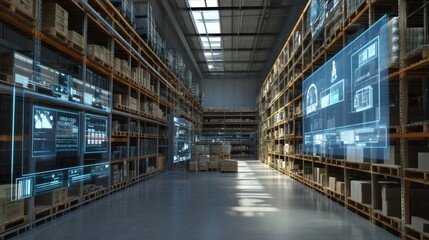 Fototapeta premium A large warehouse with rows of shelves filled with boxes and pallets. Holographic screens display data and information on the walls