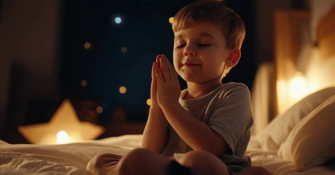 Young boy praying in bed at night, with glowing star