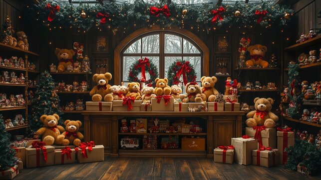 vintage toy store backdrop with wooden cabinets, boxes and teddy bears adorned in Christmas decorations