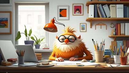 Funny Cartoon Monster Artist Working at Desk with Laptop and Supplies