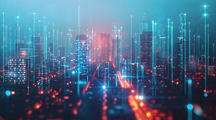 Futuristic Smart City Skyline with Real Time Data Visualization and Interconnected Infrastructure
