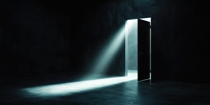 Prison cell door with a single beam of light streaming through, representing guilt s hold, Prison Cell, Guilt, light and dark contrast