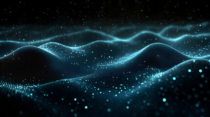 Abstract representation of waves with glowing particles in a dark environment.