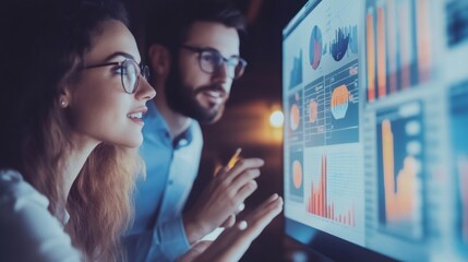 Two colleagues look at financial data on a computer screen in an office at night.
