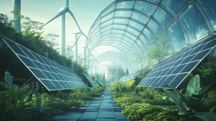 Futuristic greenhouse with solar panels and wind turbines, showcasing sustainable technology and renewable energy in a lush environment.