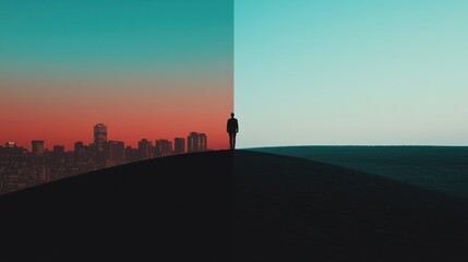 Fototapeta premium Horizon of Duality: A horizon split into two contrasting halves, with the left side depicting a busy city skyline at dusk filled with glowing office windows