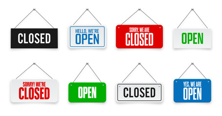 Realistic open or closed hanging signboards. Vintage door sign for cafe, restaurant, bar or retail store. Announcement banner, information signage for business or service. Vector illustration