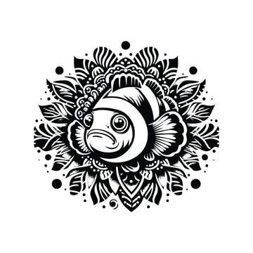 black and white clownfish mandala design clip art preview