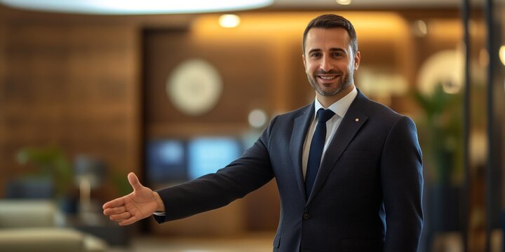 A confident businessman extends a welcoming gesture in a modern office setting. The stylish suit and bright smile reflect professionalism and approachability. 