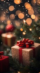 Festive Blurred Christmas Background with Gifts and a Christmas Tree