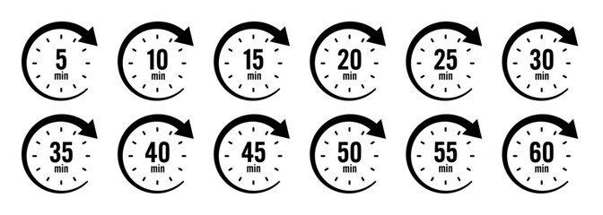 Stopwatch icons with pointer arrow. Chronometer, time counter with dial. Countdown time, hours and minutes. Deadline, sport measurement. Cooking time label, sticker. Vector illustration
