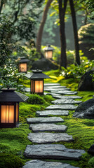 Obraz premium A serene Japanese garden features stone pathway lined with glowing lanterns, creating tranquil atmosphere