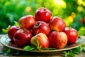Fresh red apples arranged on a plate with green leaves and blurred background