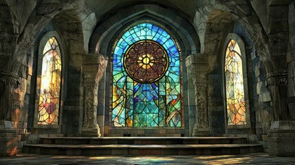 Obraz premium Stone Archway with Stained Glass Windows and a Stone Platform