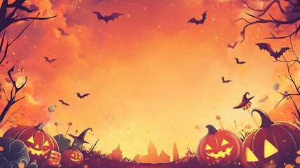 Festive Halloween-themed sale sign background with an array of pumpkins, witches, and candy, featuring a large blank space for discount offers or messages