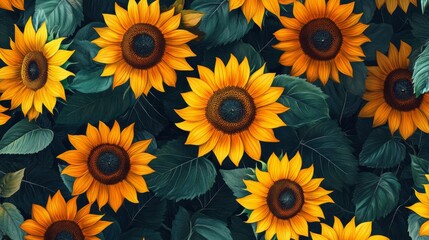 Fototapeta premium Floral pattern with bright sunflowers and dark green leaves generative ai