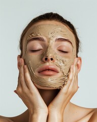 Fototapeta premium Woman applying a clay face mask while relaxing, showcasing a skincare routine in a minimalistic indoor setting