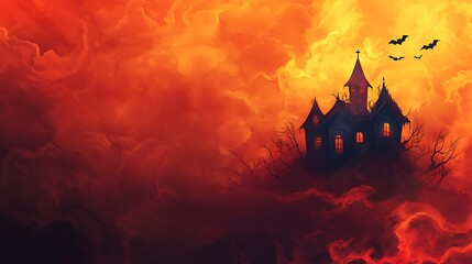 Spooky Halloween party invitation background with a haunted house silhouette, bats, and swirling mist, providing a central space for event information