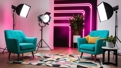 Modern Interior Design with Neon Lighting and Professional Photography Equipment