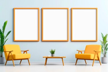 Three empty photo frame for mockup in modern living room, 3D render, 3D illustration