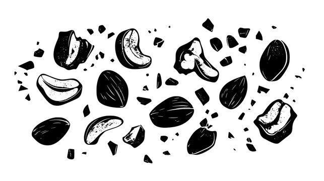 Broken nut pieces used to provide crunch in cookies, cakes, or as a dessert topping, vector illustration art