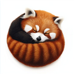 Obraz premium Sleeping red panda curled up in a circle, relaxed mood, white background