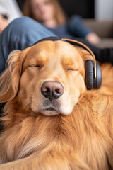 portrait of dog relaxing on sofa listening to music with owners headphones in the background, music therapy, relax, vertical, peace, home,