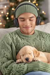 young man in winter clothes and woolen hat listens to music with headphones while holding her sleeping puppy in her arms in the living room of her house with Christmas decorations, vertical,