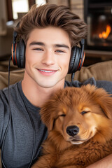 young man smiles looking at camera while listening to music with headphones and holding his pet in his lap asleep, interior, living room with fireplace, winter, vertical,