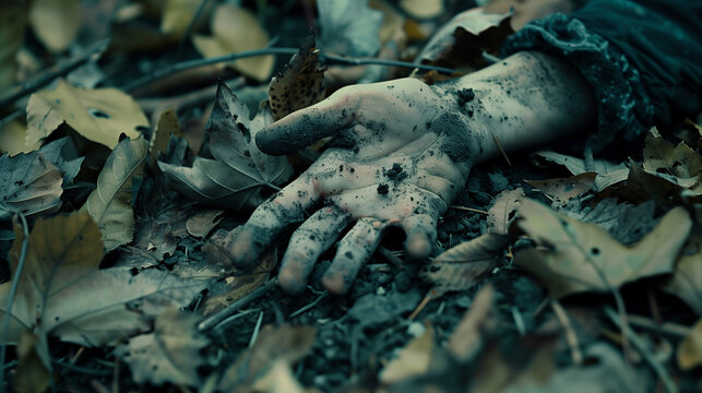 A close-up of a dirty, injured hand of a person lying lifeless among fallen leaves on the forest floor. The cold, muted tones and disturbed dirt suggest a crime scene, evoking a sense of tragedy. 