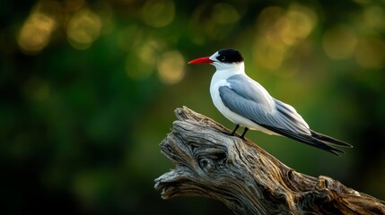 Caspian tern perching on weathered branch with blurred background